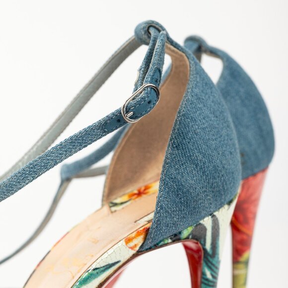 Christian Louboutin Senora 100 Blue & White Jeans / Calf Hawaii T-Strap Sandals - Picture 9 of 12